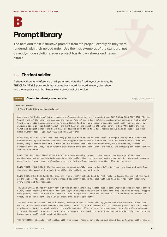 Handbook page from Appendix B, Prompt library: the complete prompt for the shadow clan foot soldier character sheet.