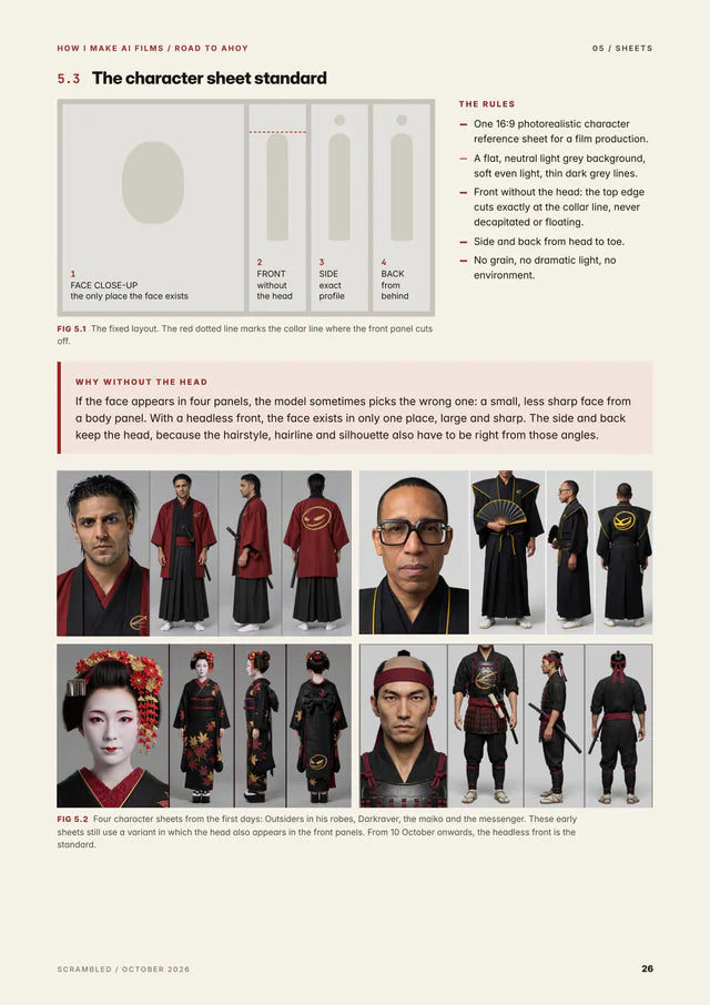 Handbook page 5.3, The character sheet standard: the fixed four-panel layout, its rules and four early character sheets.