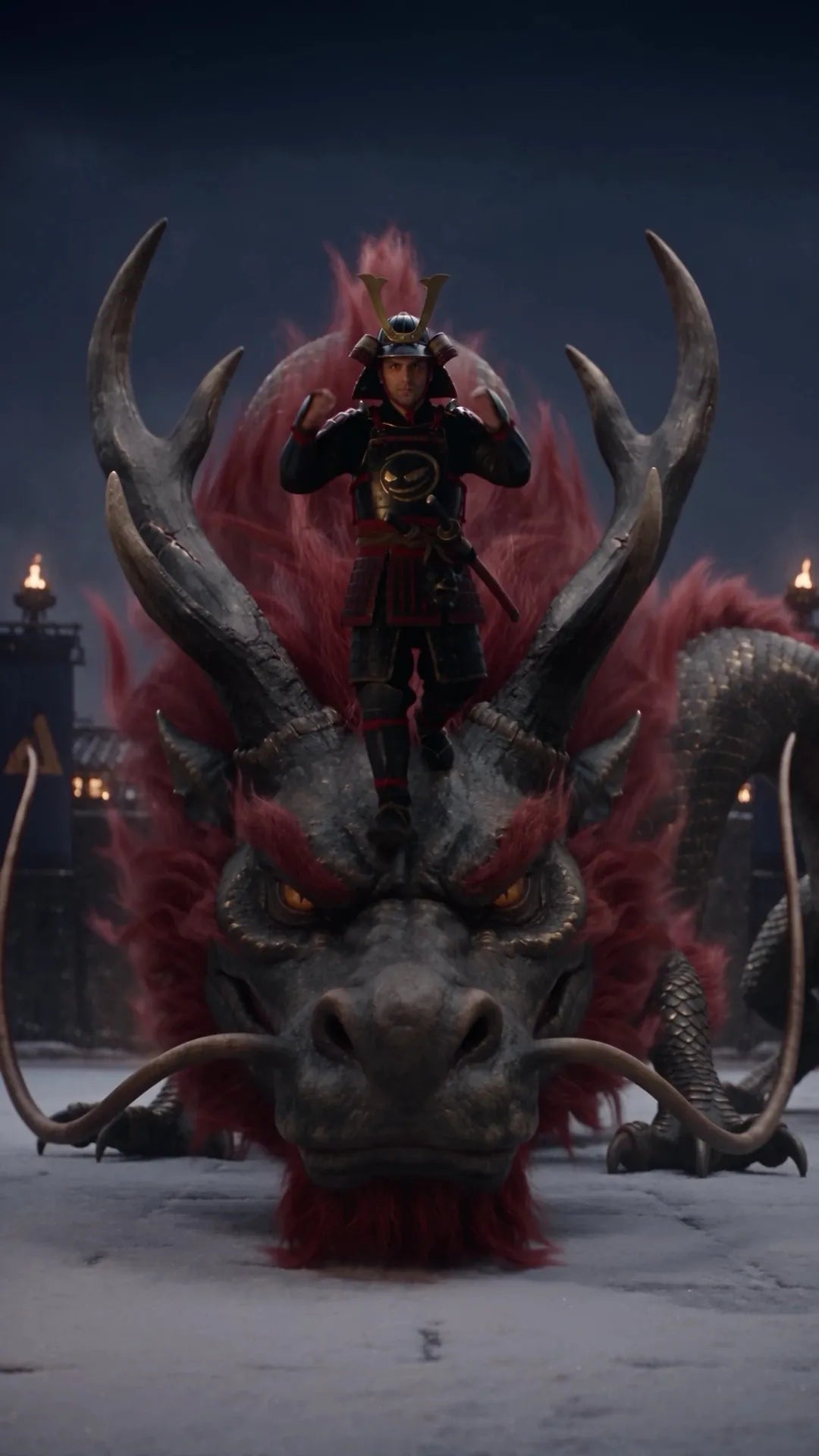 Road to Ahoy: the samurai stands on the head of the red-maned dragon in the castle courtyard.