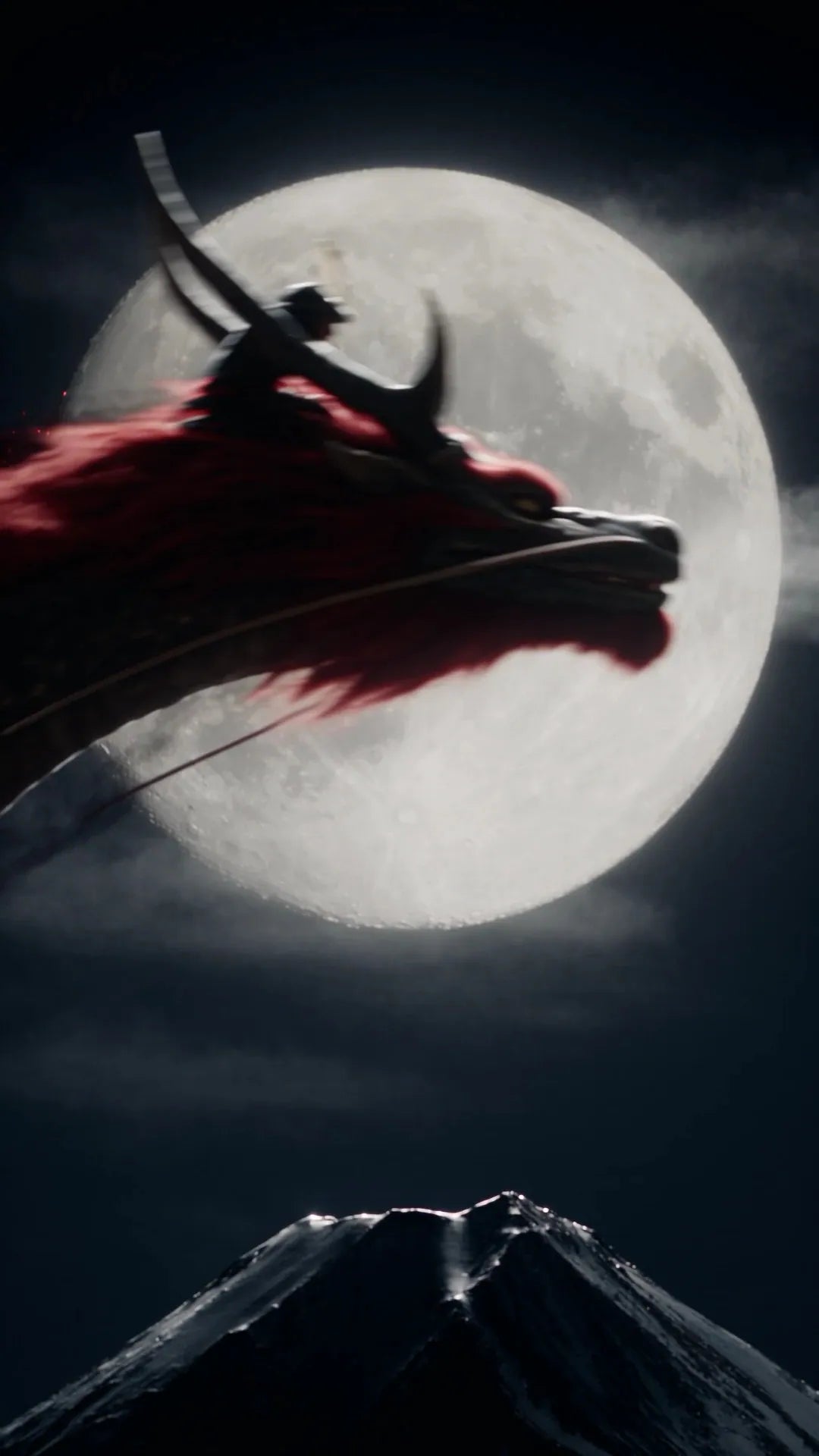 Road to Ahoy: the dragon and its rider cross the full moon above a snowy mountain.