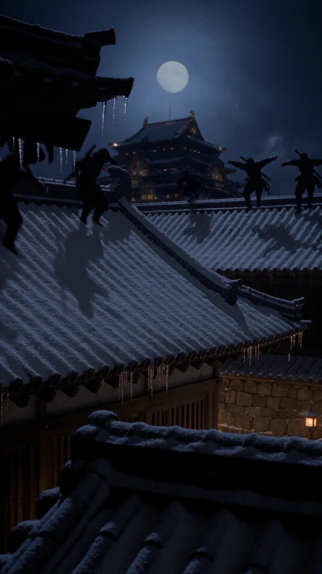Road to Ahoy: shadow clan ninjas run across snowy temple rooftops towards the castle at night.