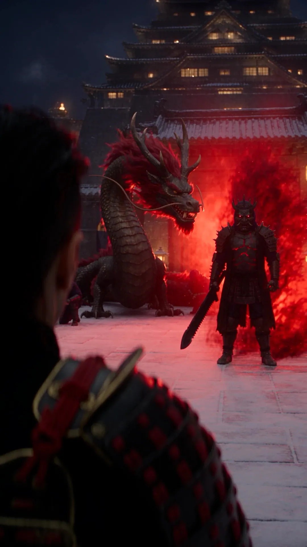 Road to Ahoy: the dragon and the masked end boss face the samurai in red smoke.
