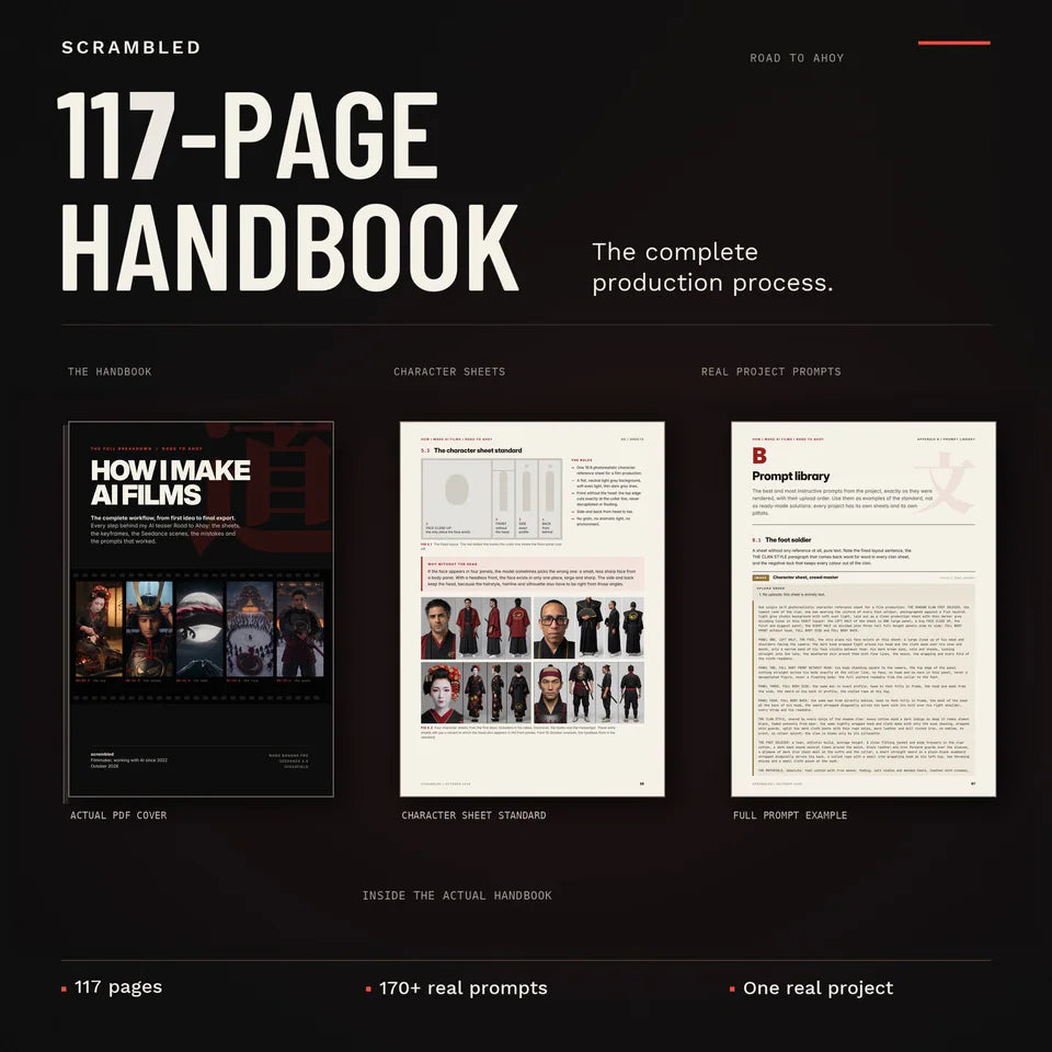 Handbook artwork: the How I Make AI Films cover beside the character sheet standard page and a full prompt from the prompt library.