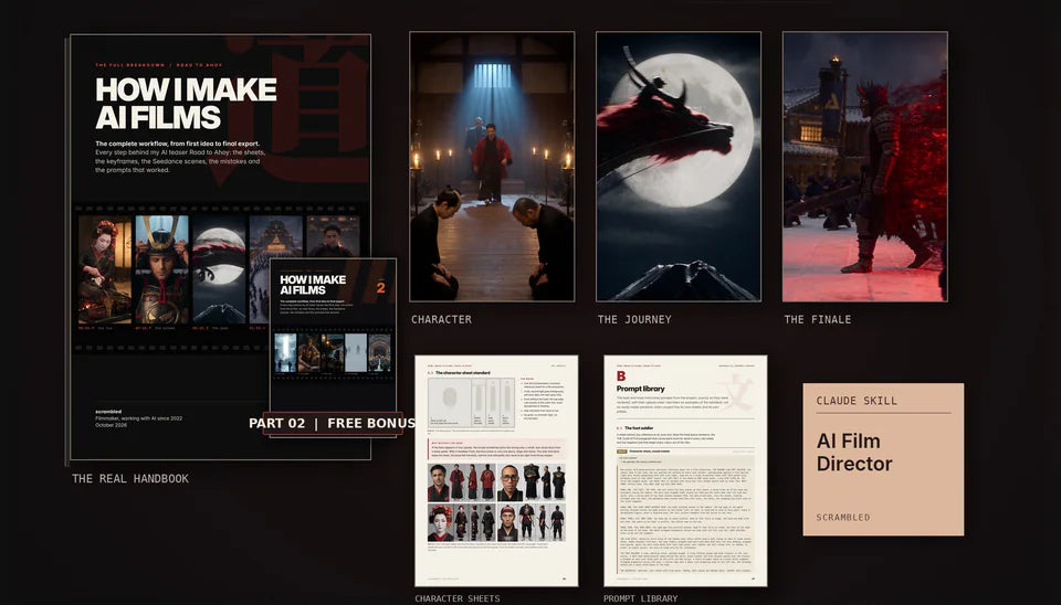 The toolkit laid out: the How I Make AI Films handbook with the Part 2 Sacrifice Day handbook, film stills of the character, the journey and the finale, two handbook pages and the AI Film Director skill card.