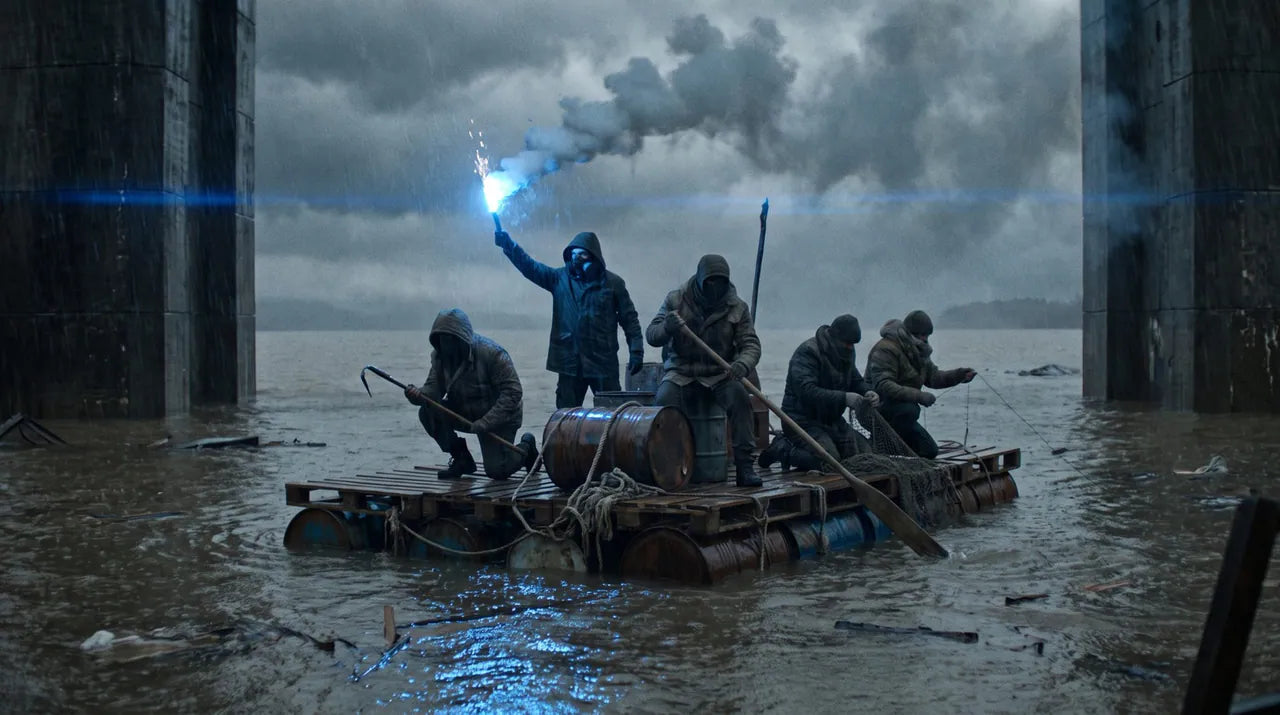 Sacrifice Day 2026: masked survivors on a raft in the flooded city, one holding a blue flare.
