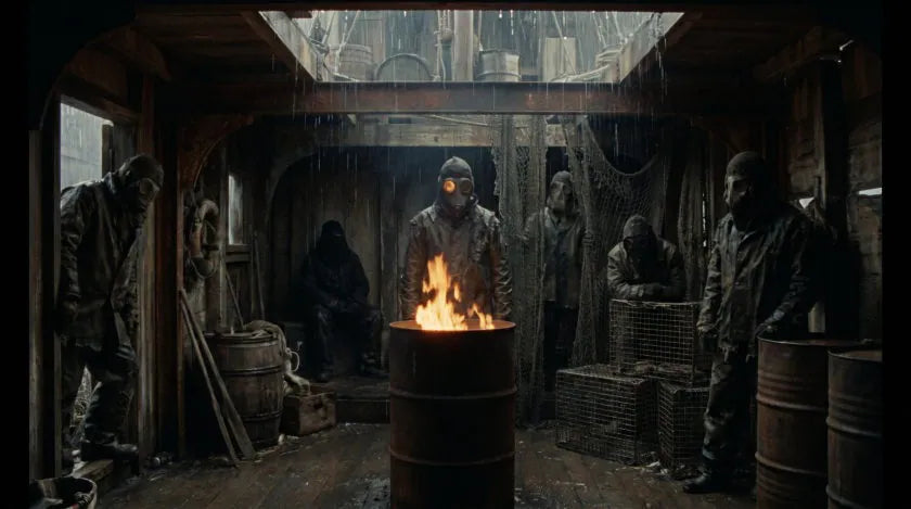 Sacrifice Day 2026: masked survivors around a fire in a dark shelter.