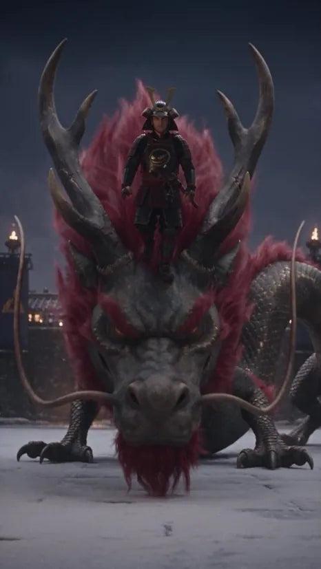 Film still: the samurai stands on the dragon's head on a snowy plaza.