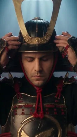 Film still: the samurai lowers his gilded helmet, eyes closed.