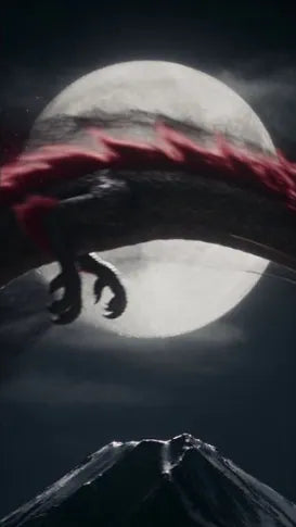 Film still: the red-maned dragon crosses the full moon.