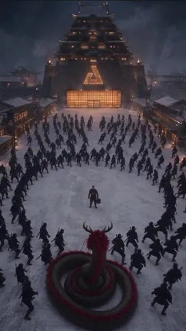 Film still: a ring of ninjas surrounds the lone samurai in front of the fortress of Ahoy.