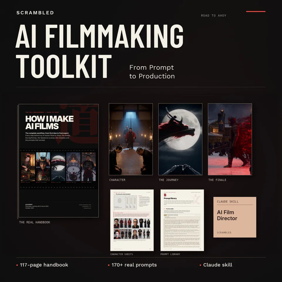 Scrambled AI Filmmaking Toolkit artwork: the How I Make AI Films handbook cover, three film stills, two handbook pages and the beige AI Film Director skill card.